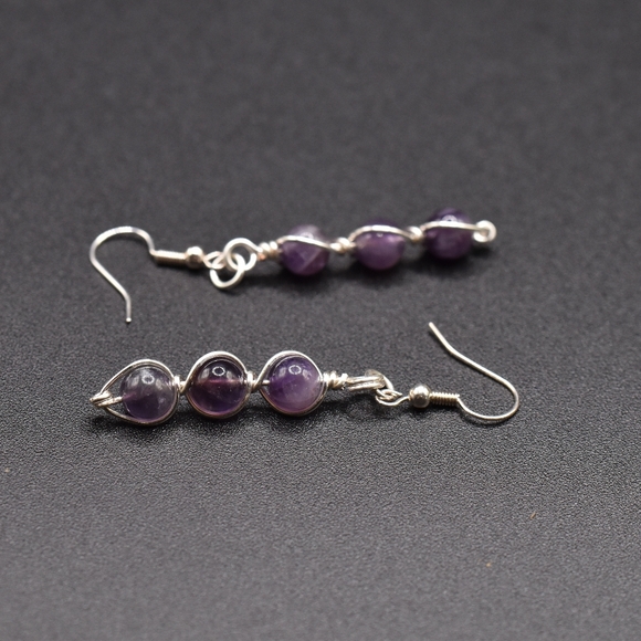 Amethyst earrings, beautiful semi precious stone wire wrapped earrings, handmade - Picture 3 of 4
